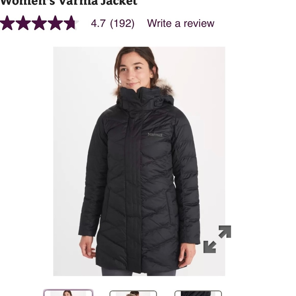 Women black Marmot Jacket with fuzzy hood.
